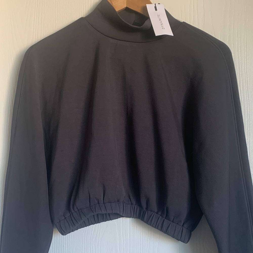 Reitmans Scuba Grey Funnel Neck Sweatshirt with Elastic cropped Hem